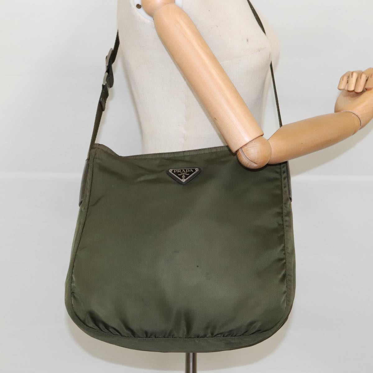 PRADA Shoulder Bag Nylon Khaki Silver Auth 96650