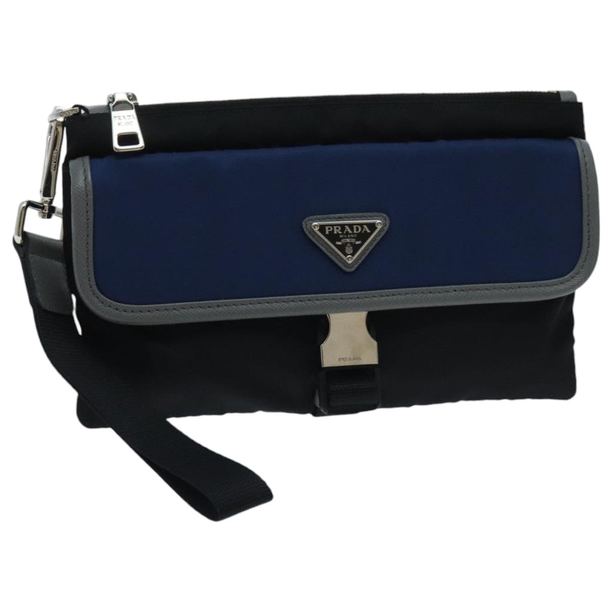 PRADA Clutch Bag Nylon Black Silver Auth 96653