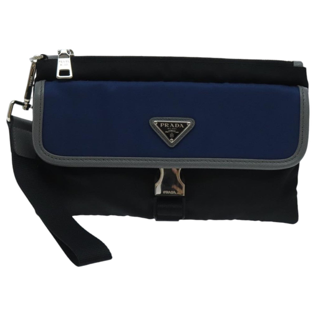 PRADA Clutch Bag Nylon Black Silver Auth 96653