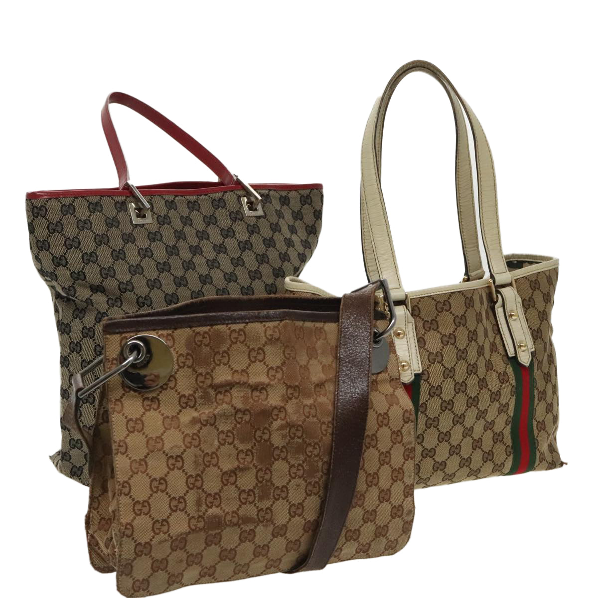 GUCCI GG Canvas Web Sherry Line Tote Bag 3Set Beige Red Green Auth 96656