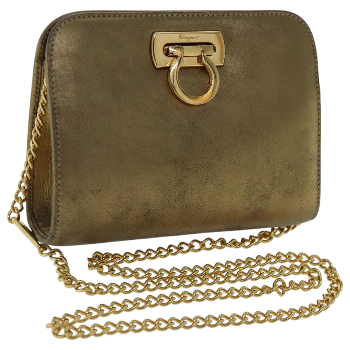 Salvatore Ferragamo Gancini Chain Shoulder Bag Leather Gold Auth 96667