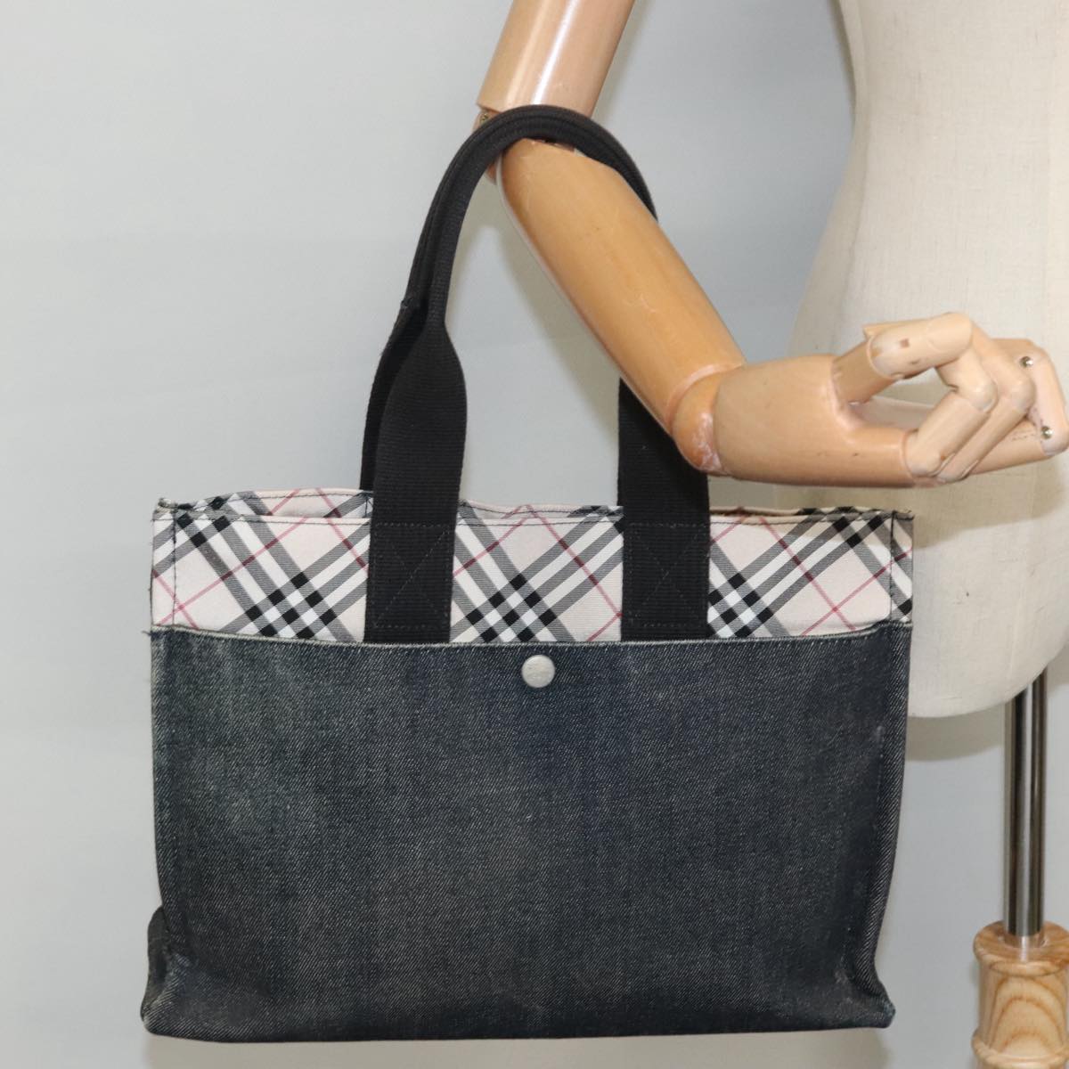 BURBERRY Blue Label Tote Bag Canvas Silver Black Auth 96669