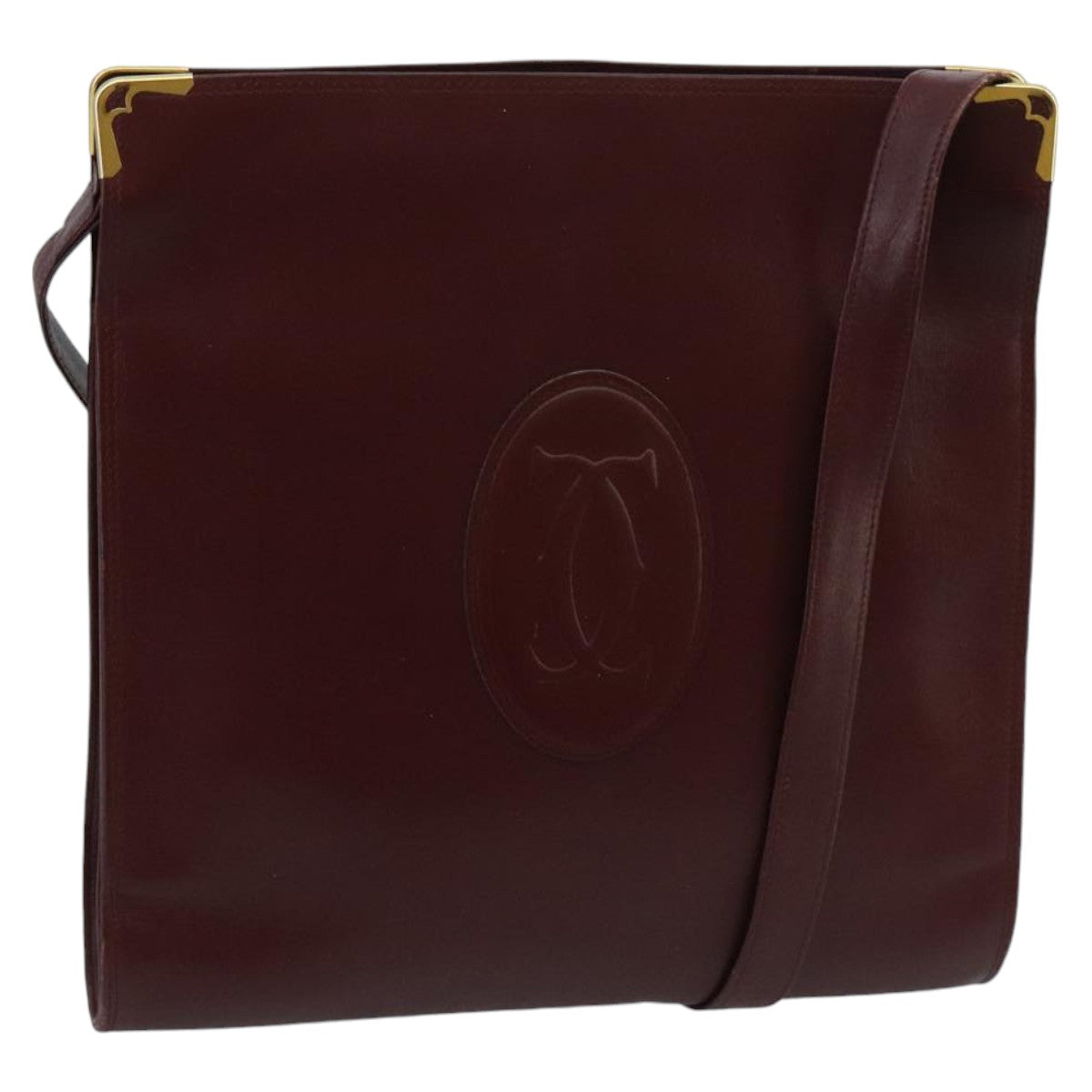 CARTIER Shoulder Bag Leather Bordeaux Gold Auth 96670