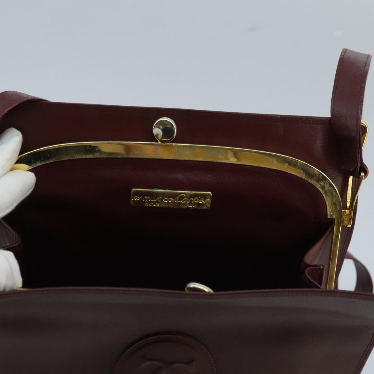 CARTIER Shoulder Bag Leather Bordeaux Gold Auth 96670