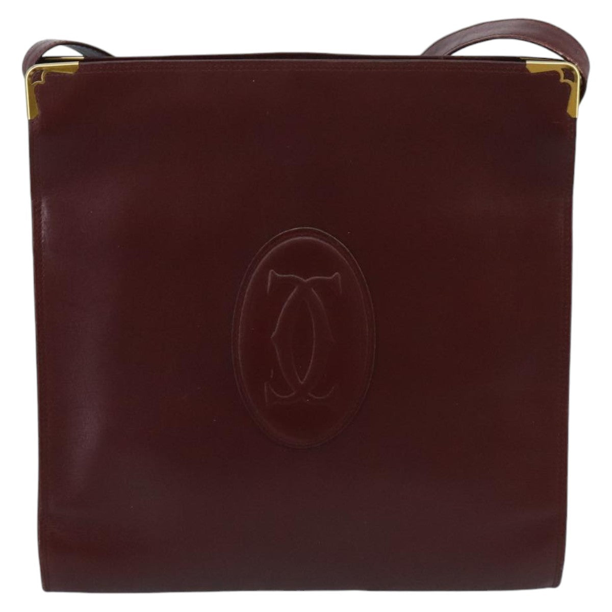 CARTIER Shoulder Bag Leather Bordeaux Gold Auth 96670