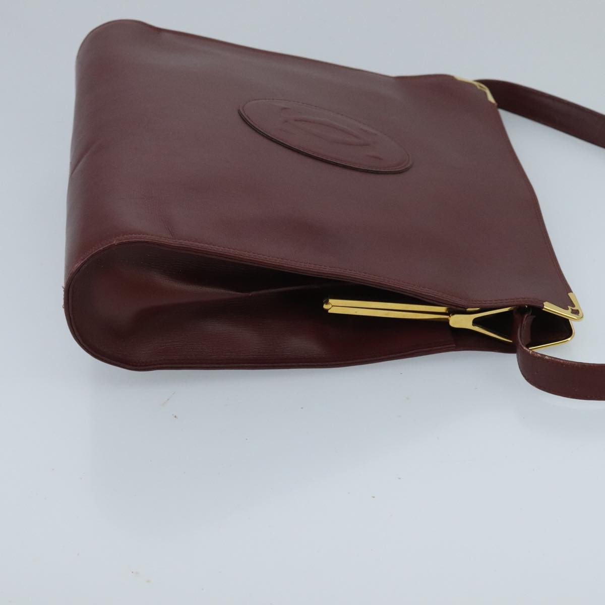 CARTIER Shoulder Bag Leather Bordeaux Gold Auth 96670