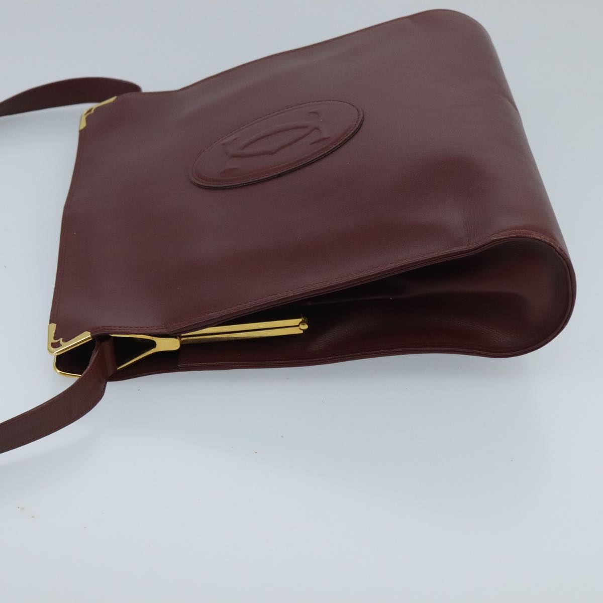 CARTIER Shoulder Bag Leather Bordeaux Gold Auth 96670