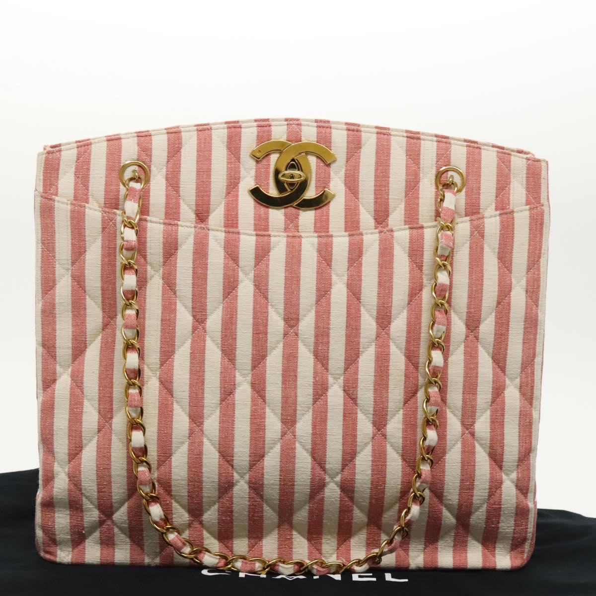 CHANEL Matelasse Chain Shoulder Bag Canvas Gold Pink CC Auth 96691S