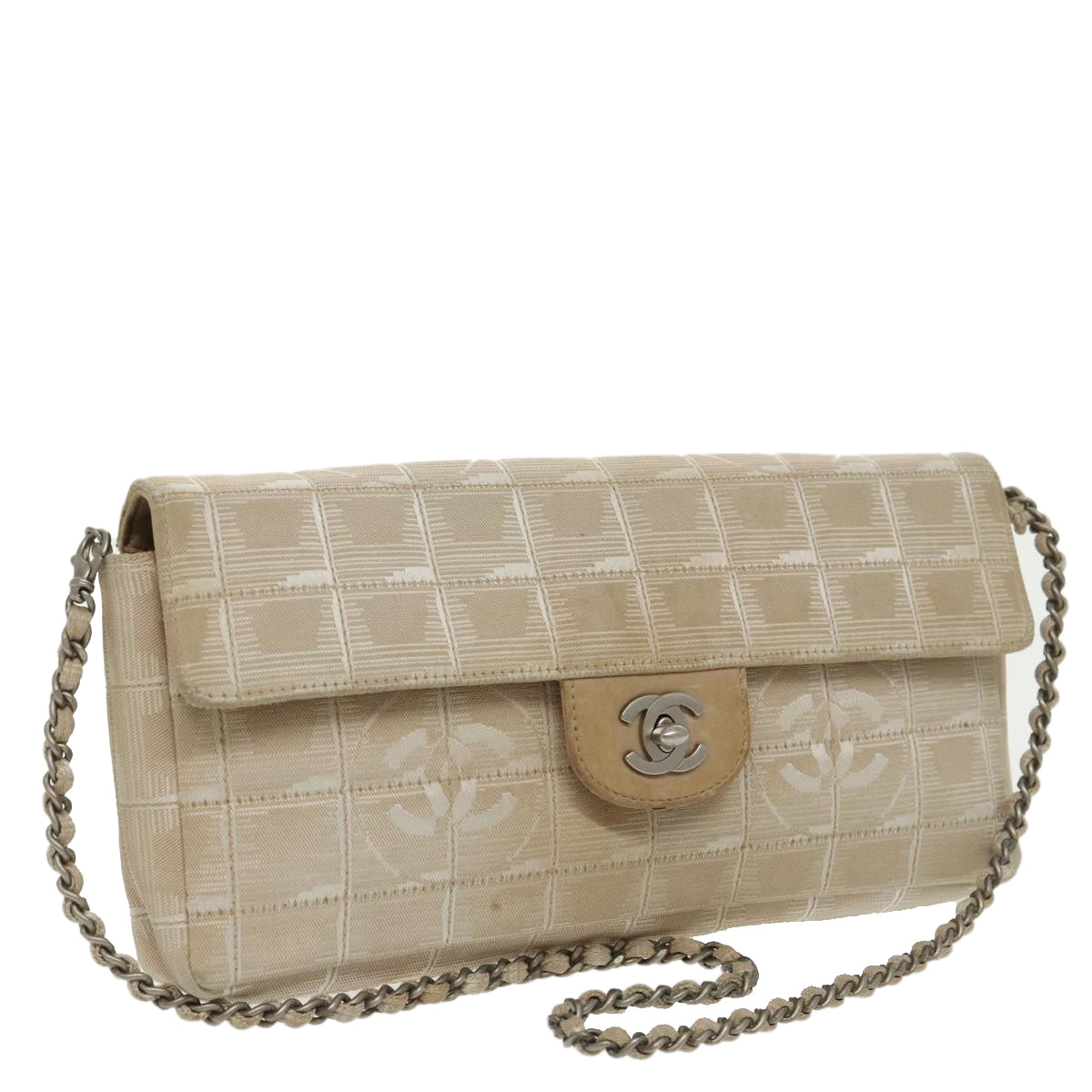 CHANEL Choco Bar Chain Shoulder Bag Canvas Beige Silver CC Auth 96693