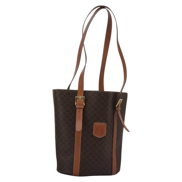 CELINE Macadam Canvas Shoulder Bag PVC Leather Brown Gold Auth 96725