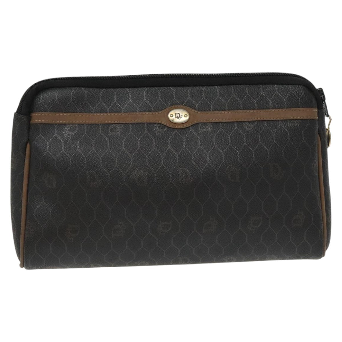 Christian Dior Honeycomb Canvas Clutch Bag PVC Leather Black Gold Auth 96732