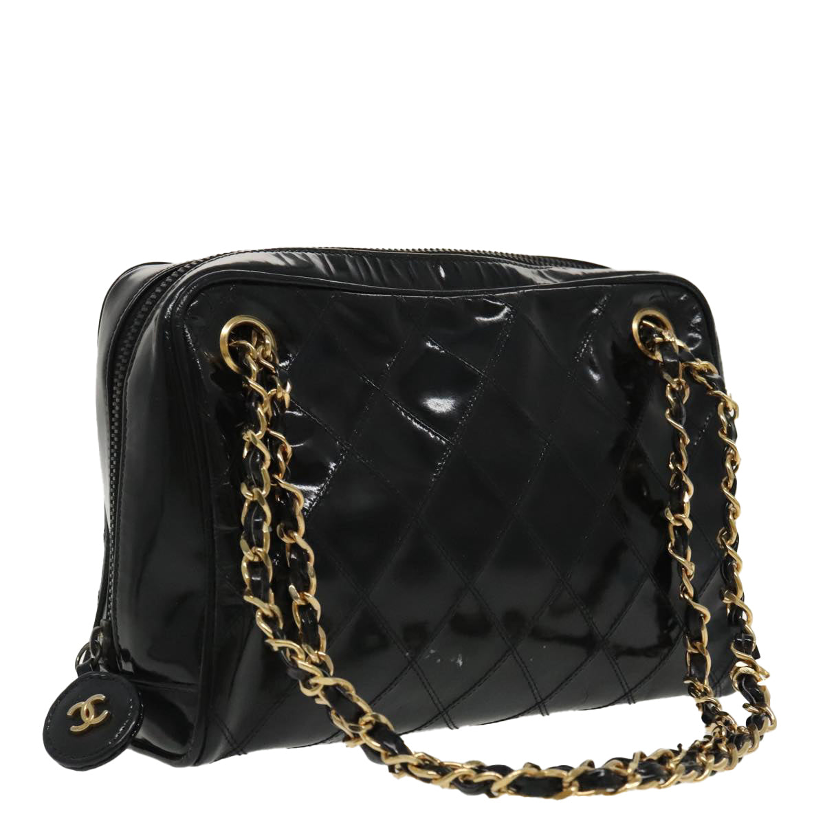 CHANEL Wild stitch Chain Shoulder Bag Patent leather Black CC Auth 96735