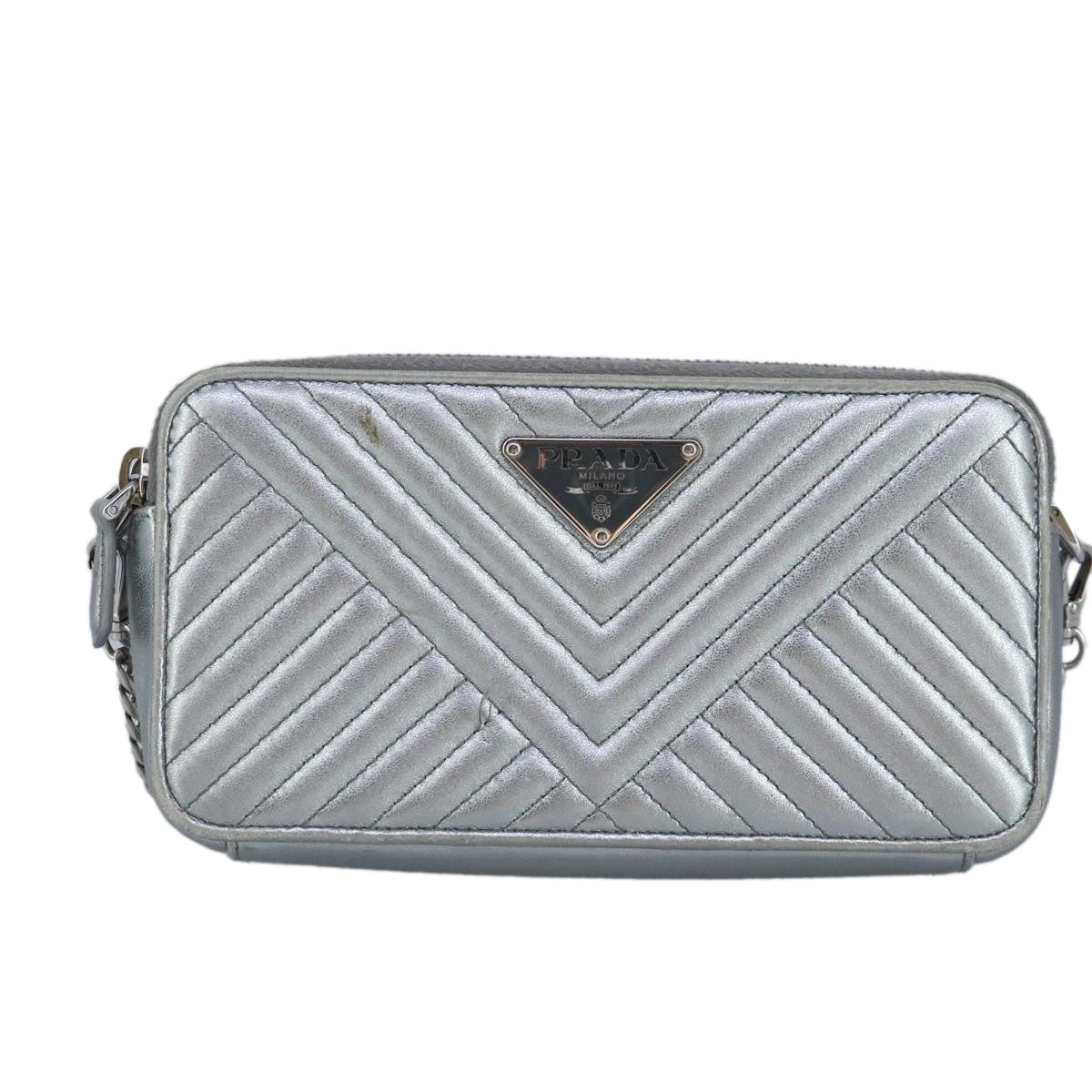 PRADA Chain Wallet Leather Silver Auth 96743 - 0