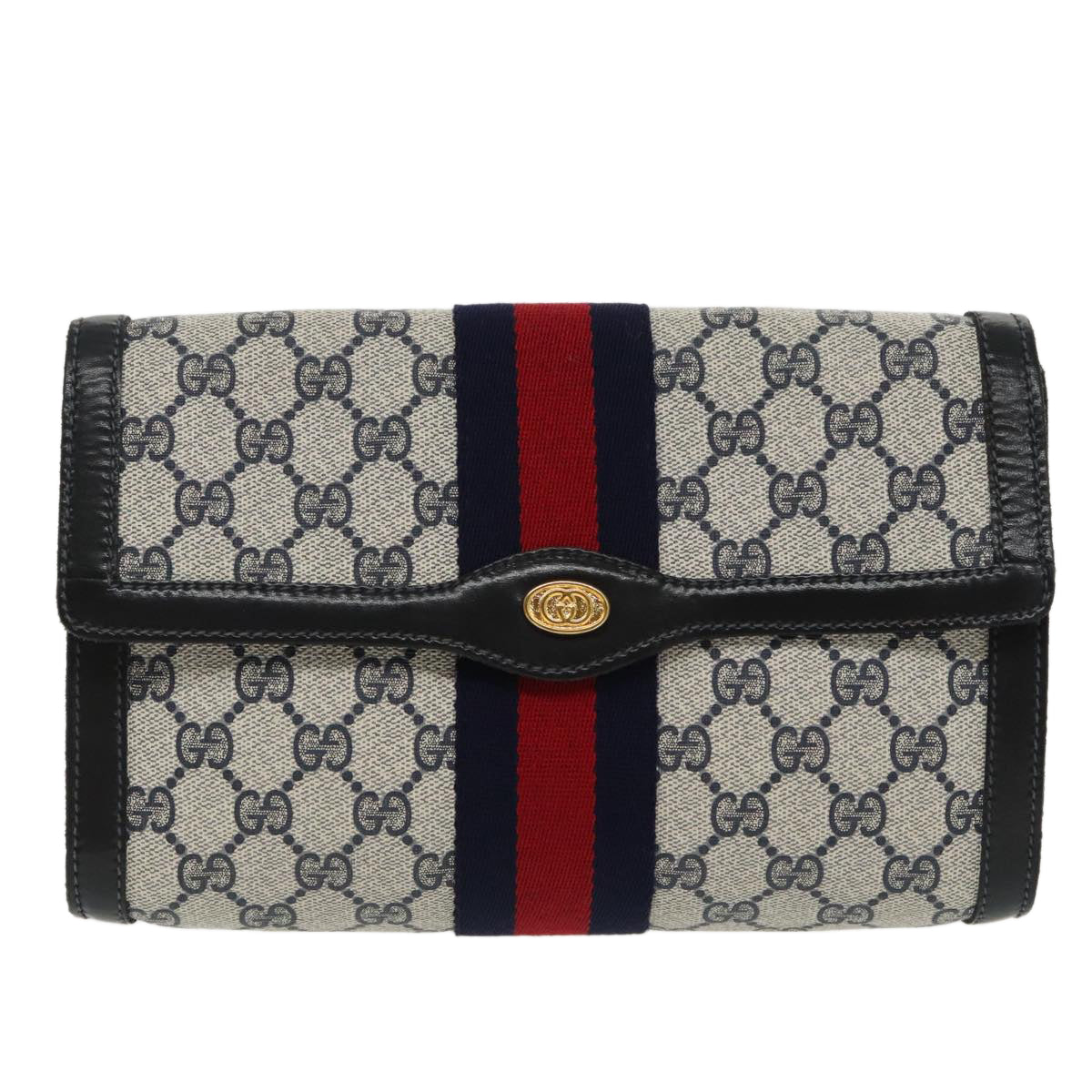 GUCCI GG Supreme Sherry Line Clutch Bag PVC Navy Red 67 014 3087 Auth 96744