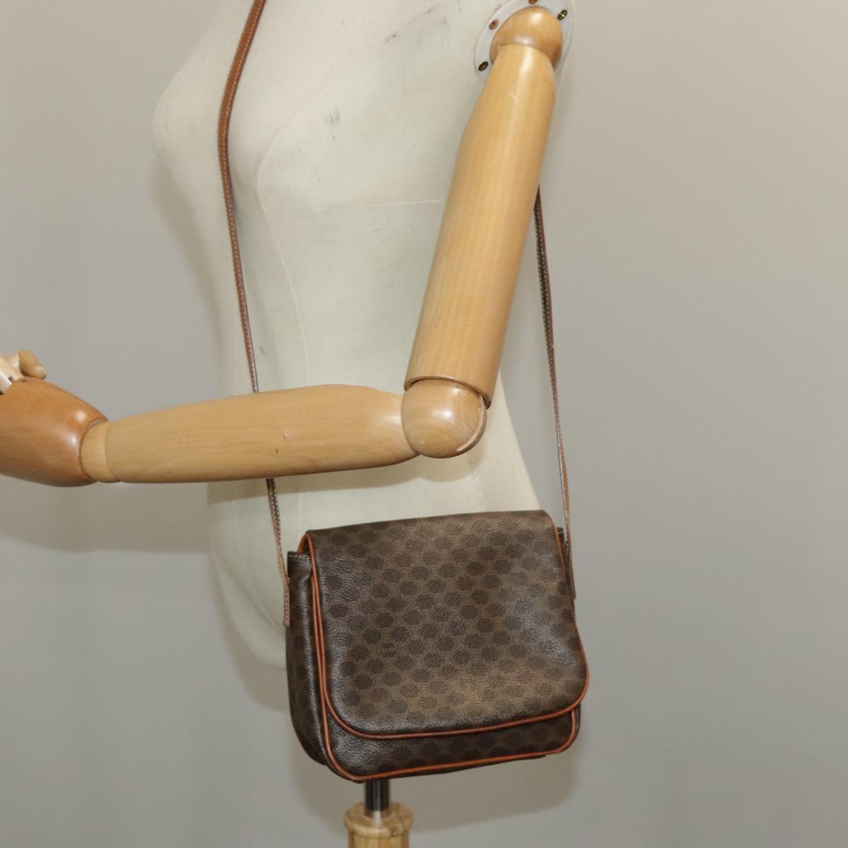 CELINE Macadam Canvas Shoulder Bag PVC Leather Brown Auth 96747