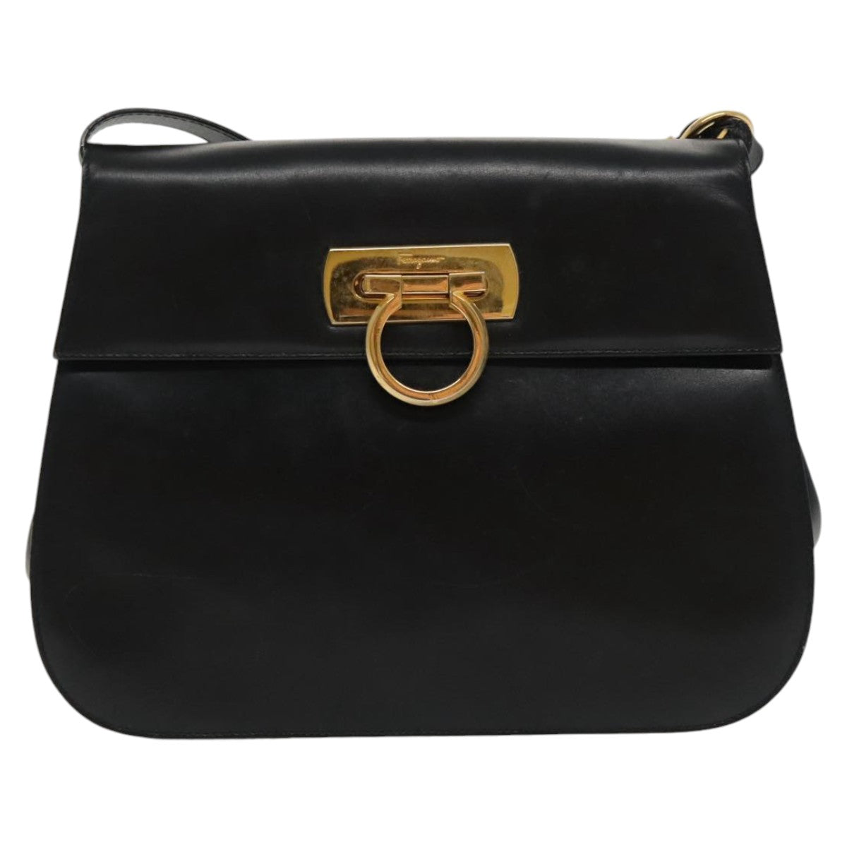 Salvatore Ferragamo Gancini Shoulder Bag Leather Black Gold Auth 96765 - 0