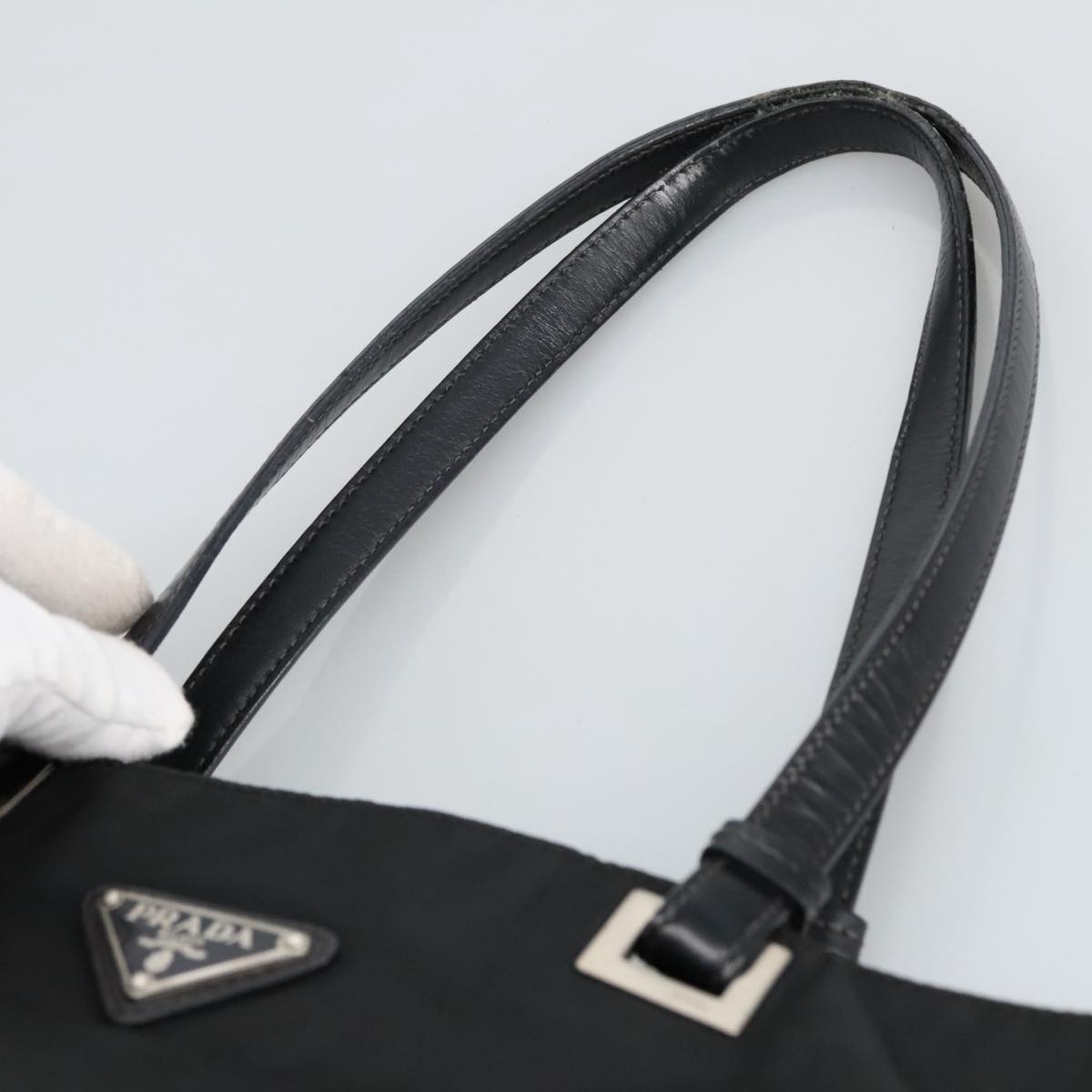 PRADA Tote Bag Nylon Black Silver Auth 96772