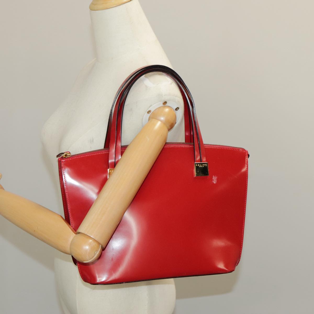 CELINE Hand Bag Patent leather Red Gold Auth 96786