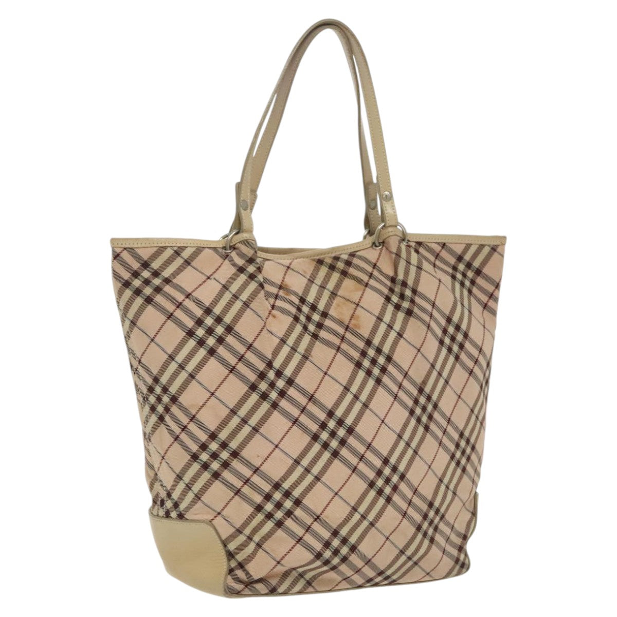 BURBERRY Nova Check Blue Label Tote Bag Nylon Beige Silver Auth 96792