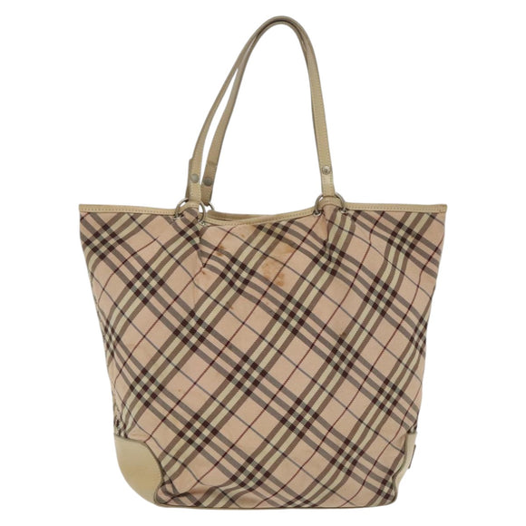 BURBERRY Nova Check Blue Label Tote Bag Nylon Beige Silver Auth 96792