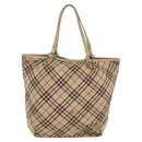BURBERRY Nova Check Blue Label Tote Bag Nylon Beige Silver Auth 96792-2