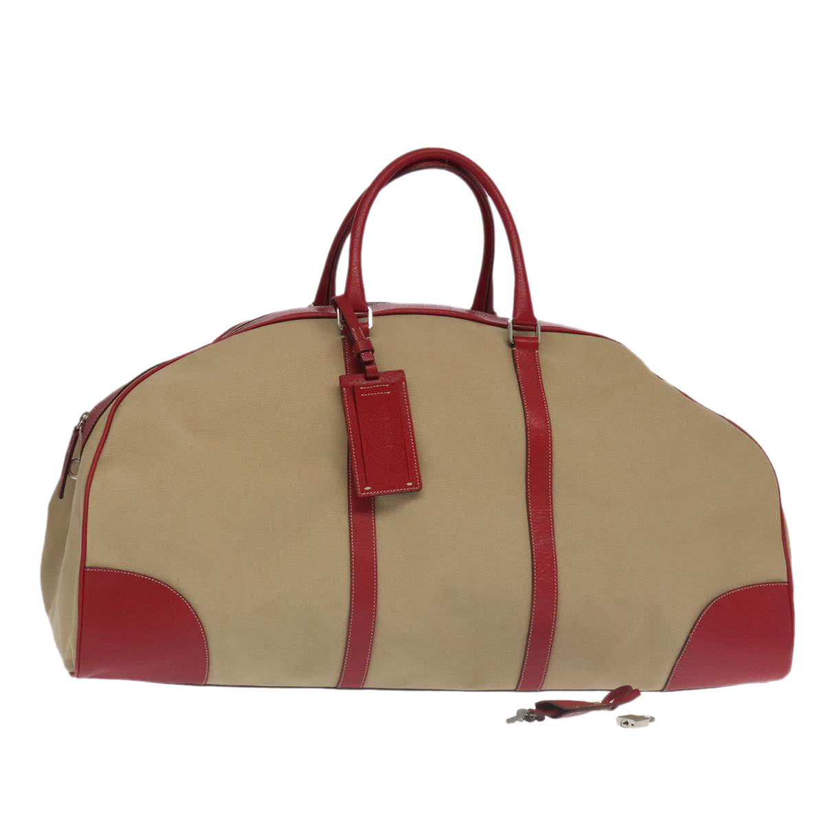 PRADA Boston Bag Canvas Beige Red Auth 96914