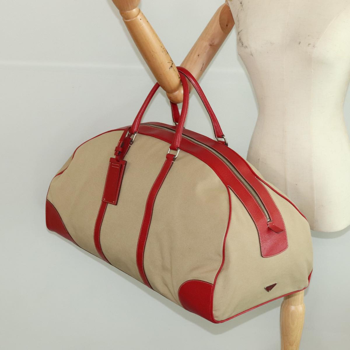 PRADA Boston Bag Canvas Beige Red Auth 96914