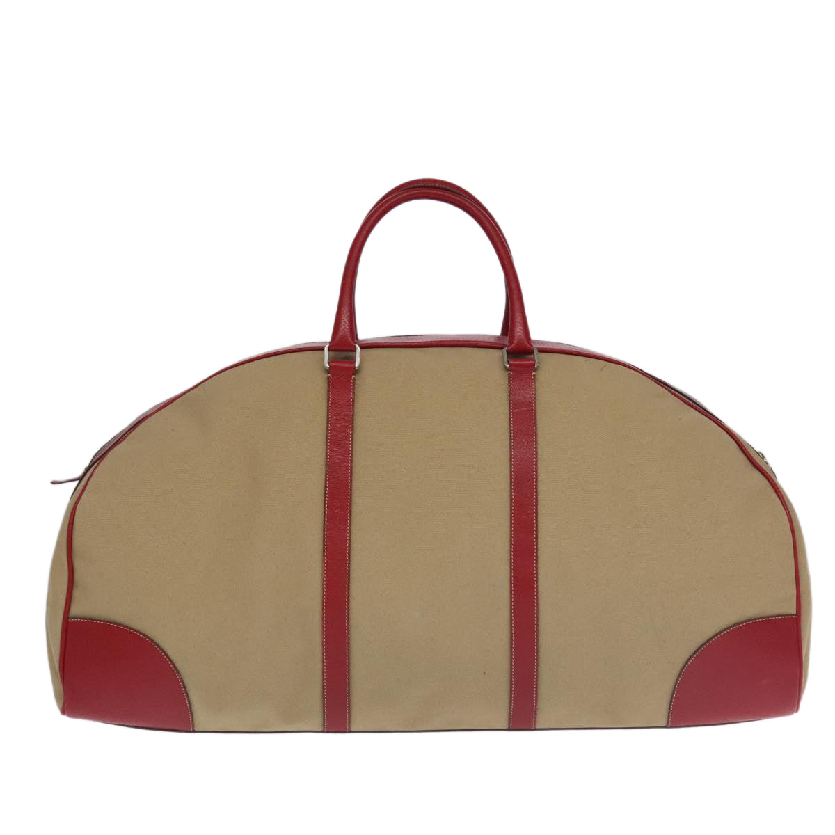 PRADA Boston Bag Canvas Beige Red Auth 96914 - 0