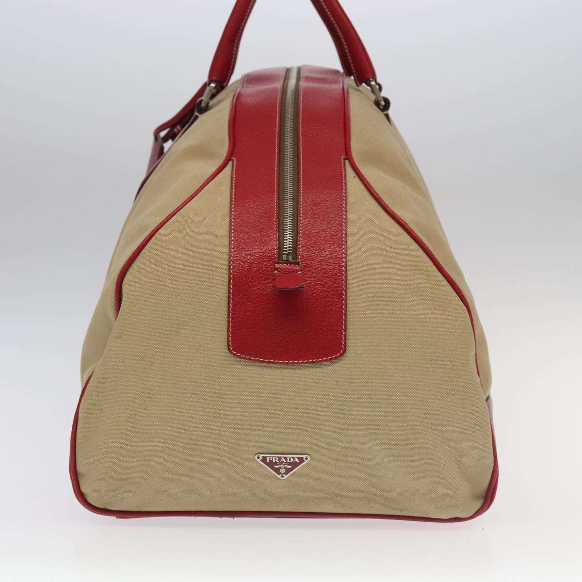 PRADA Boston Bag Canvas Beige Red Auth 96914