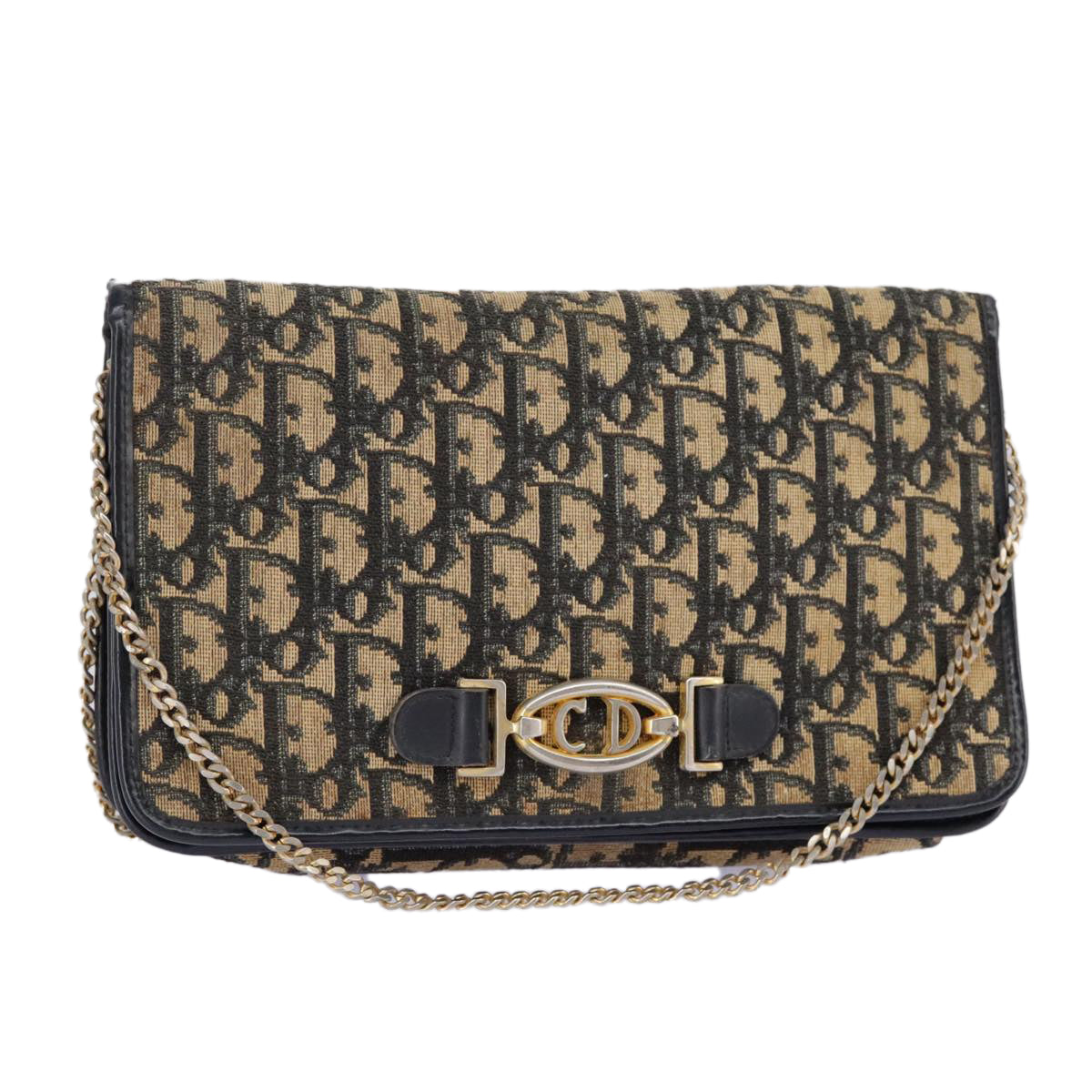 Christian Dior Trotter Canvas Chain Shoulder Bag Navy Gold Auth 96915