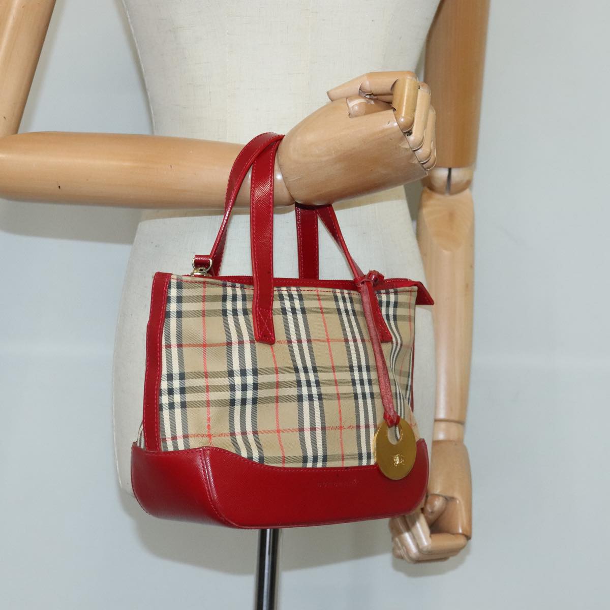 BURBERRY Nova Check Hand Bag Canvas Beige Red Auth 96916