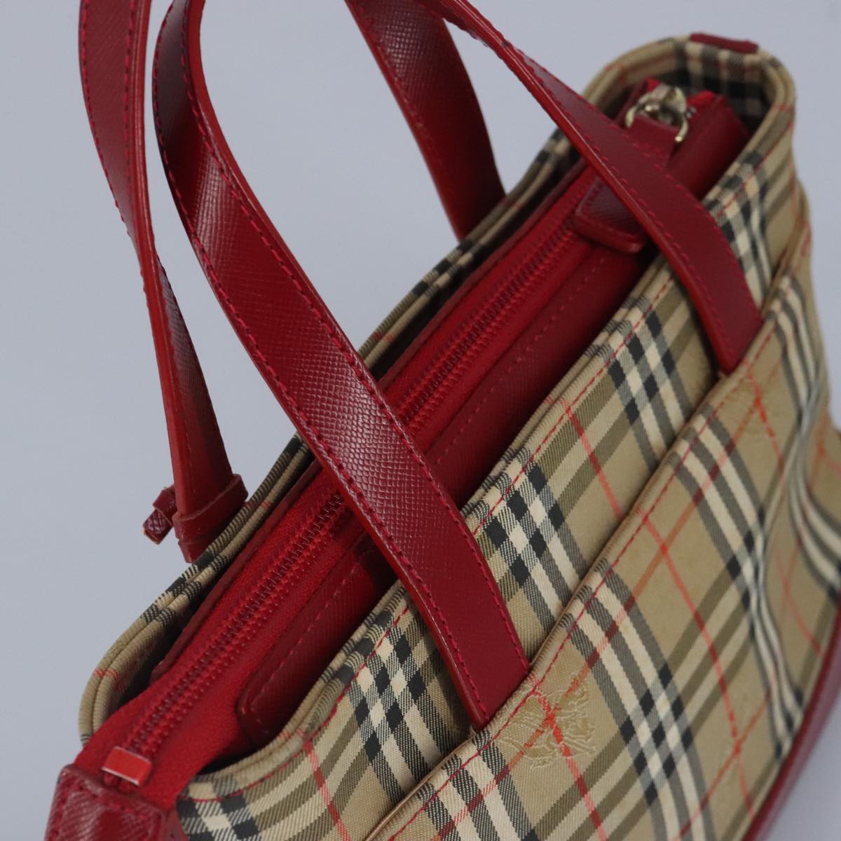 BURBERRY Nova Check Hand Bag Canvas Beige Red Auth 96916