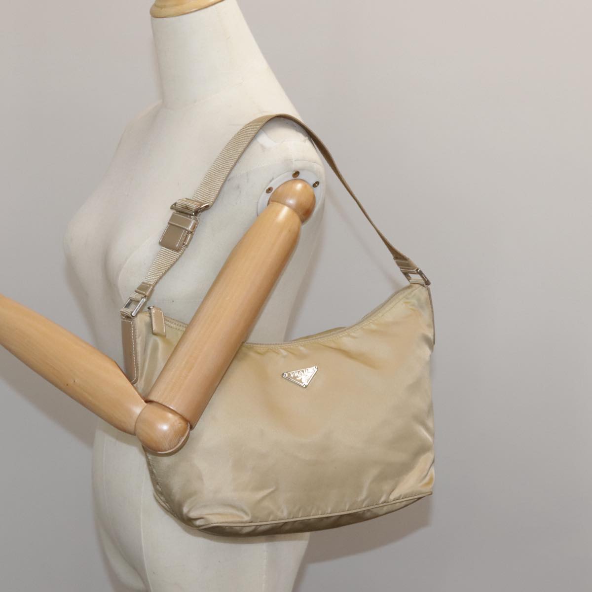 PRADA Shoulder Bag Nylon Beige Silver Auth 96919