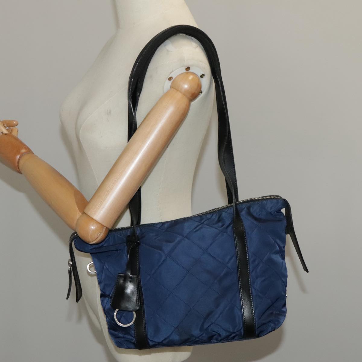 PRADA Quilted Chain Shoulder Bag Nylon Navy Silver Auth 96920