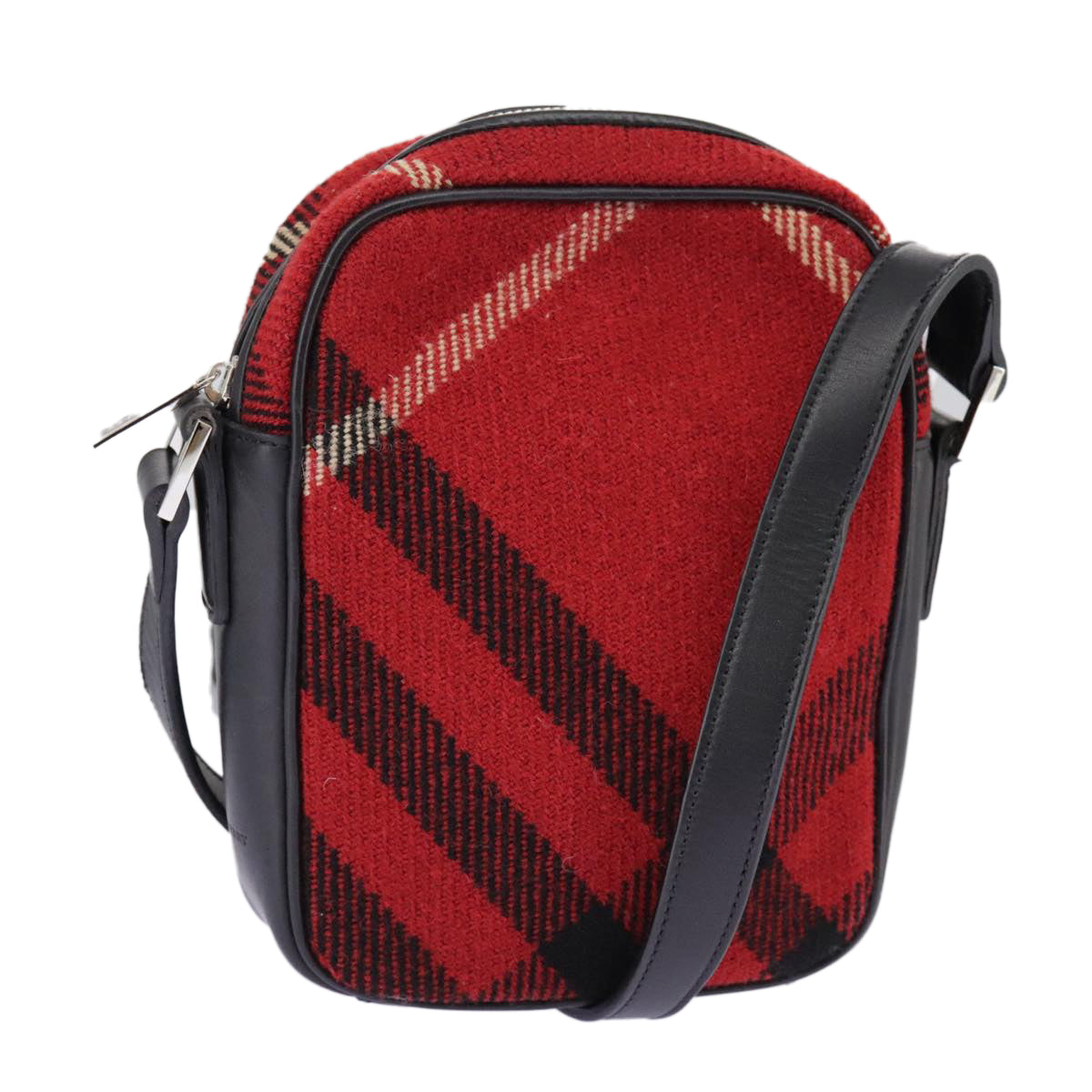 BURBERRY Nova Check Shoulder Bag Wool Red Silver Auth 96921