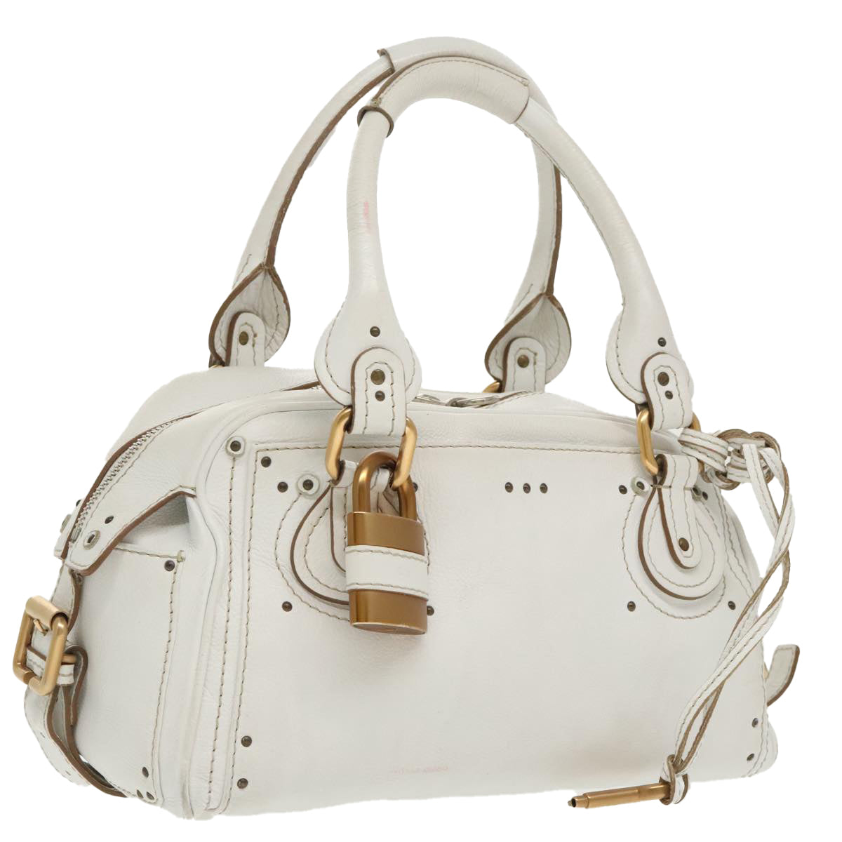 Chloe Shoulder Bag Leather White Gold Silver Auth 96926