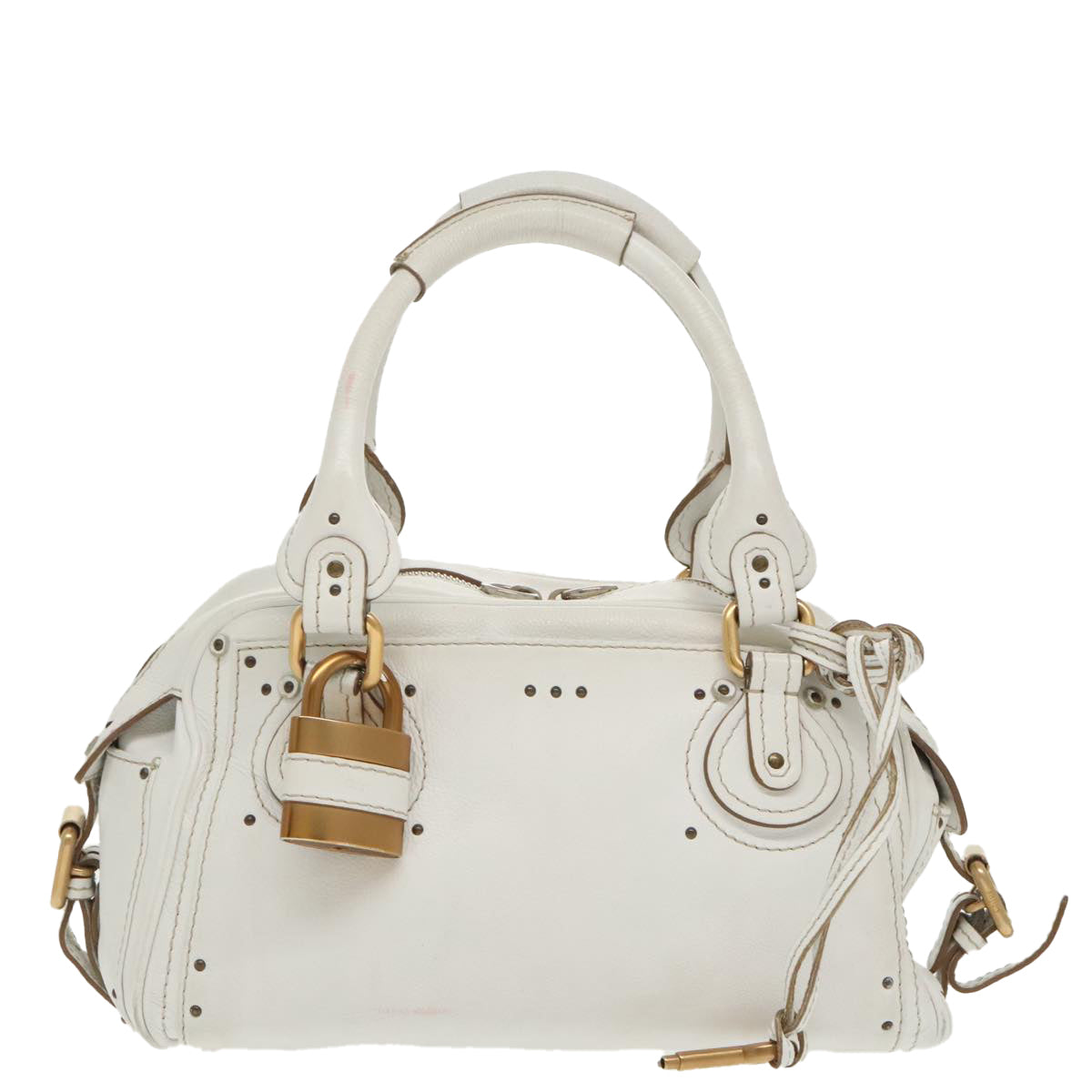 Chloe Shoulder Bag Leather White Gold Silver Auth 96926 - 0