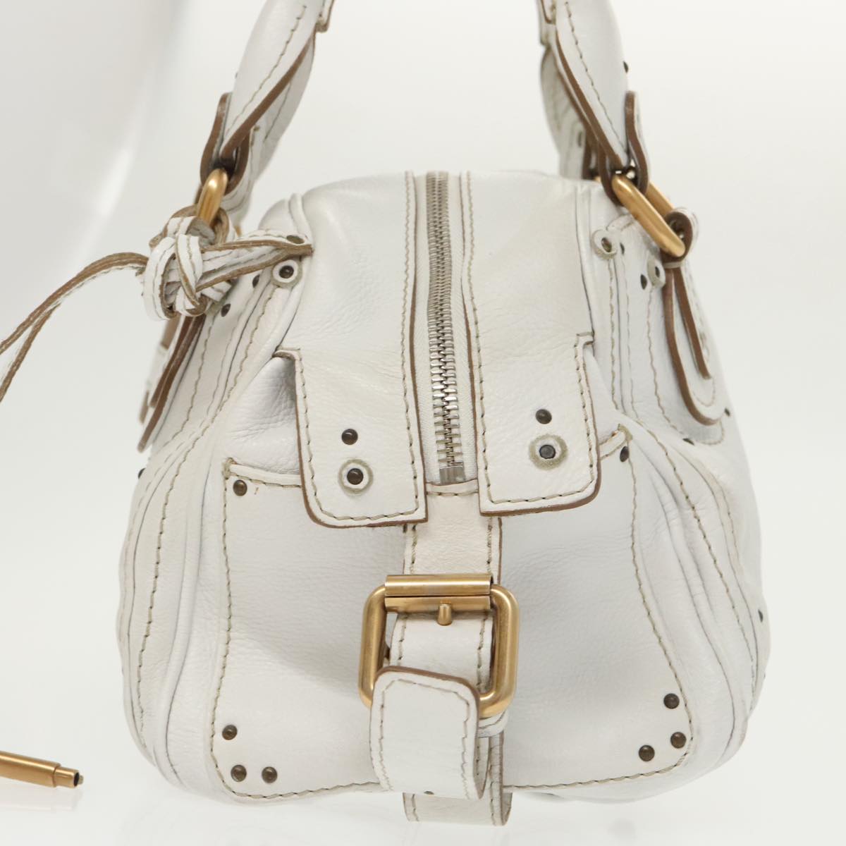 Chloe Shoulder Bag Leather White Gold Silver Auth 96926