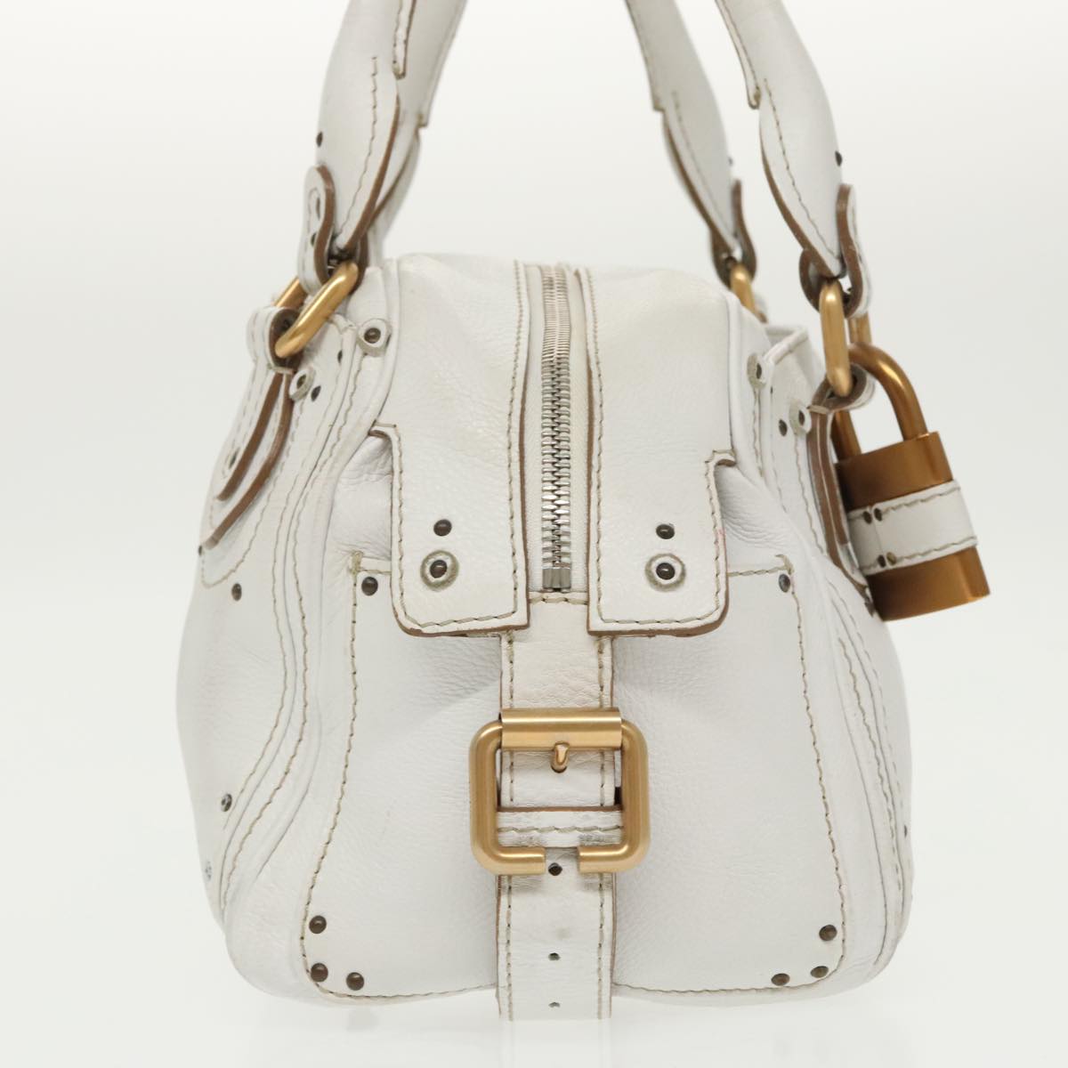 Chloe Shoulder Bag Leather White Gold Silver Auth 96926