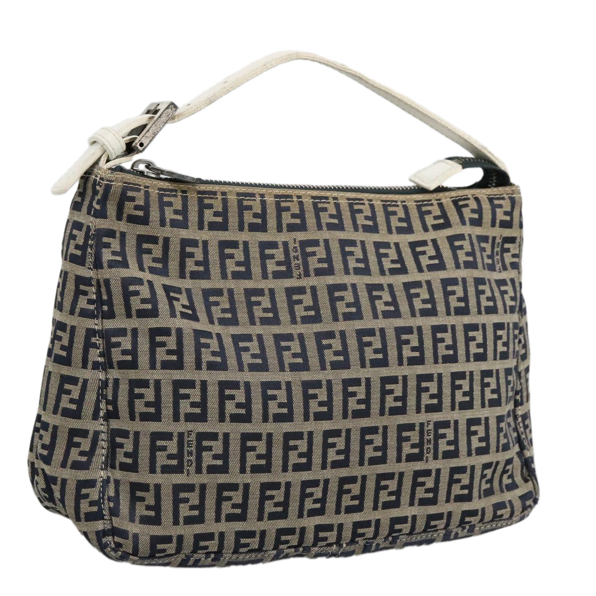 FENDI Zucchino Canvas Hand Bag Navy Silver Auth 96939