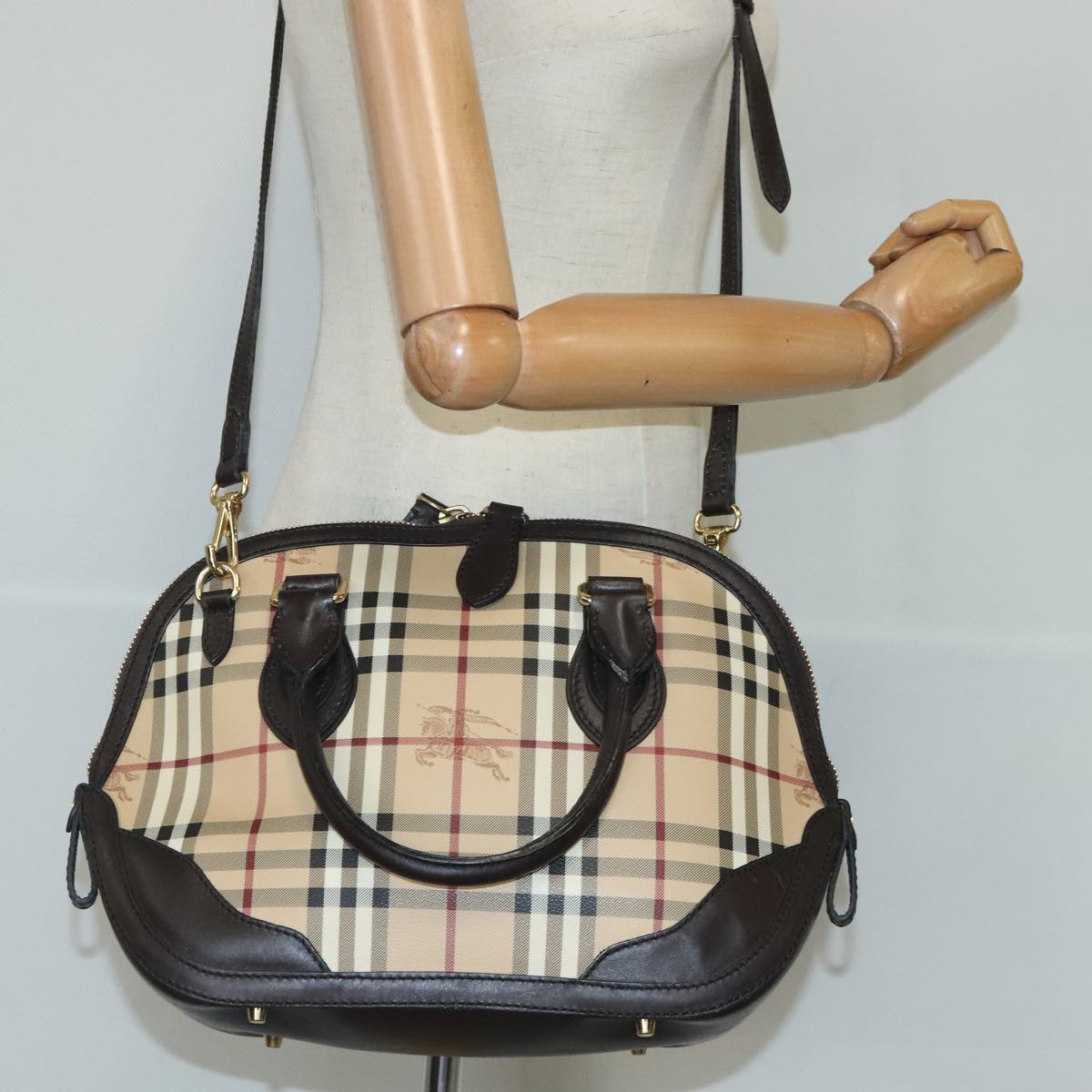 BURBERRY Nova Check Hand Bag PVC 2way Beige Gold Auth 96941