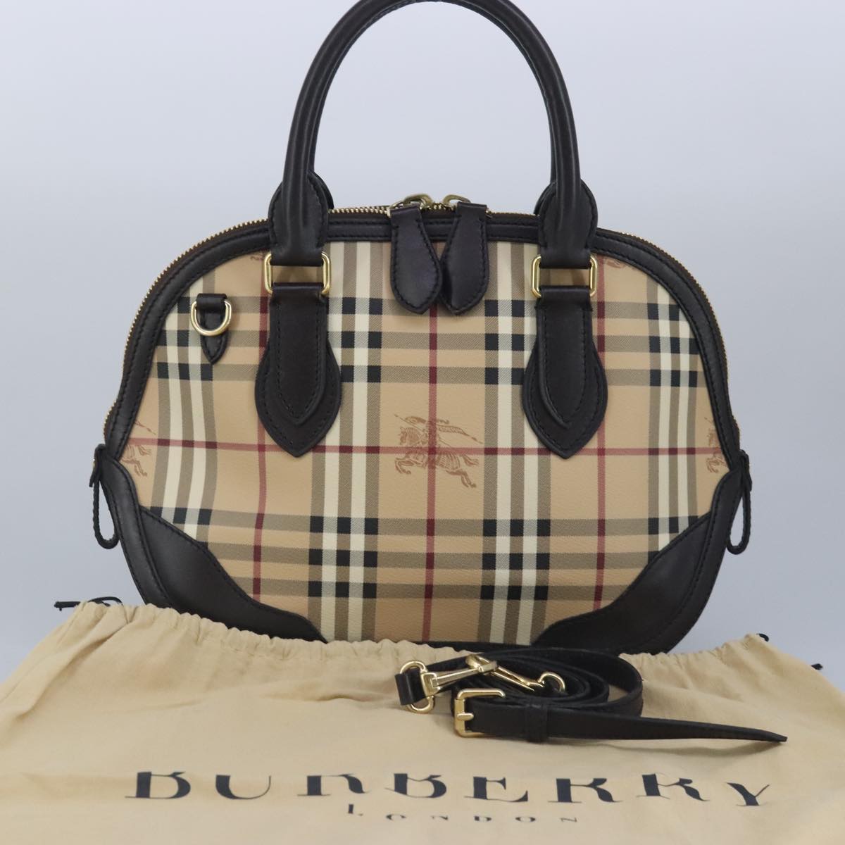 BURBERRY Nova Check Hand Bag PVC 2way Beige Gold Auth 96941