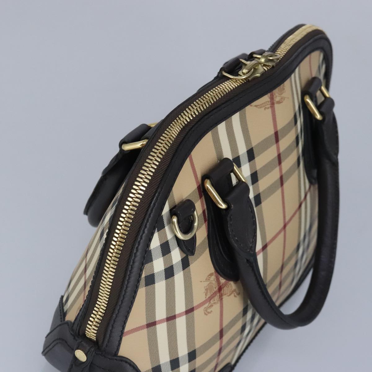 BURBERRY Nova Check Hand Bag PVC 2way Beige Gold Auth 96941