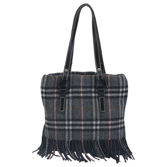 BURBERRY Nova Check Scarf Style Blue Label Hand Bag Wool Gray Silver Auth 96942