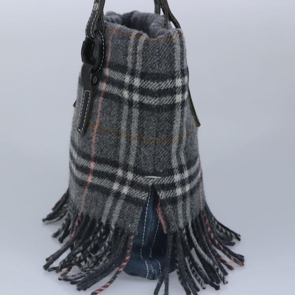BURBERRY Nova Check Scarf Style Blue Label Hand Bag Wool Gray Silver Auth 96942