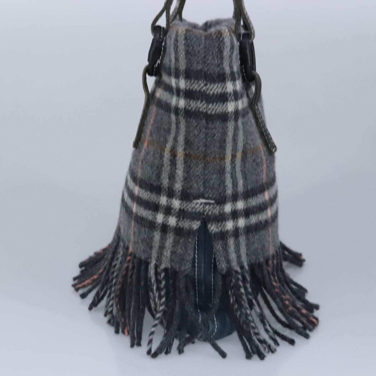 BURBERRY Nova Check Scarf Style Blue Label Hand Bag Wool Gray Silver Auth 96942