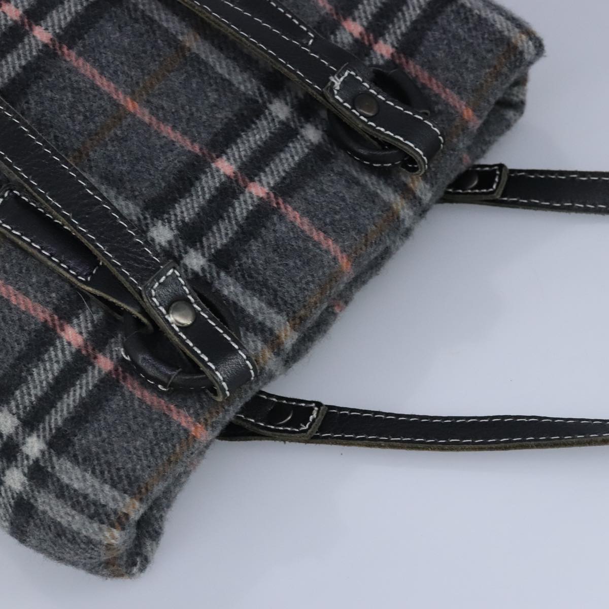 BURBERRY Nova Check Scarf Style Blue Label Hand Bag Wool Gray Silver Auth 96942