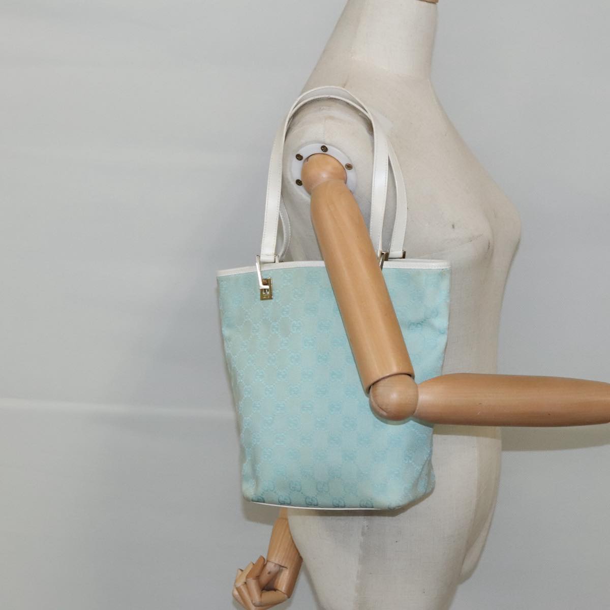 GUCCI GG Canvas Tote Bag Light Blue Gold 002 1099 Auth 96949