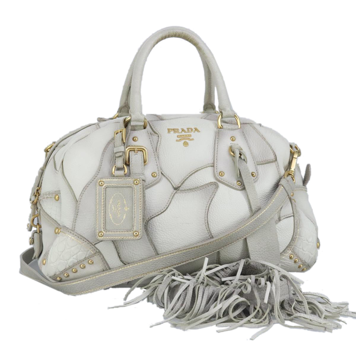 PRADA Hand Bag Leather 2way White Gold Light Gray Auth 96957