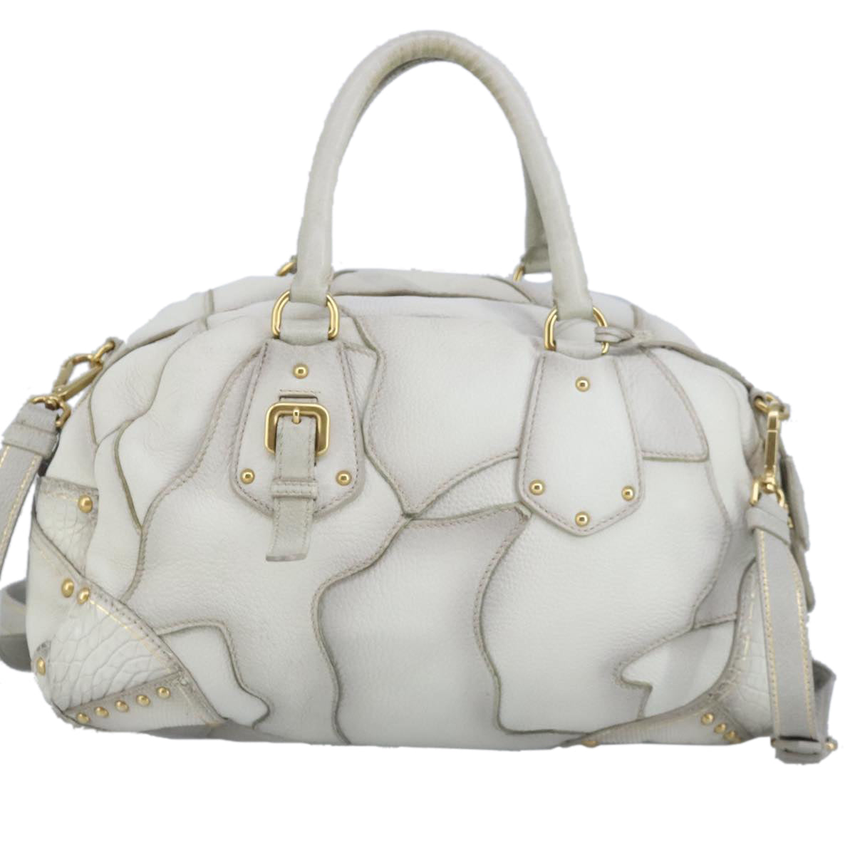 PRADA Hand Bag Leather 2way White Gold Light Gray Auth 96957 - 0